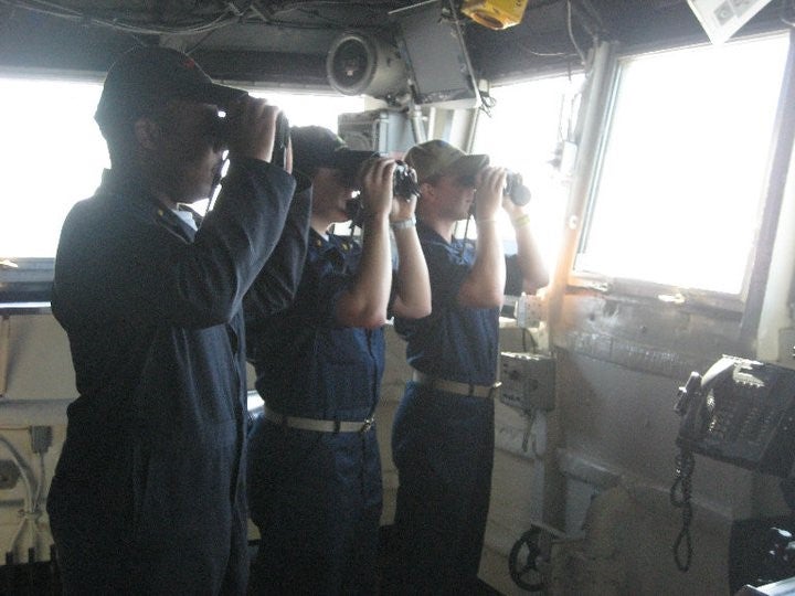Parra-Orlandoni ’15 on watch with the crew of the USS Dubuque